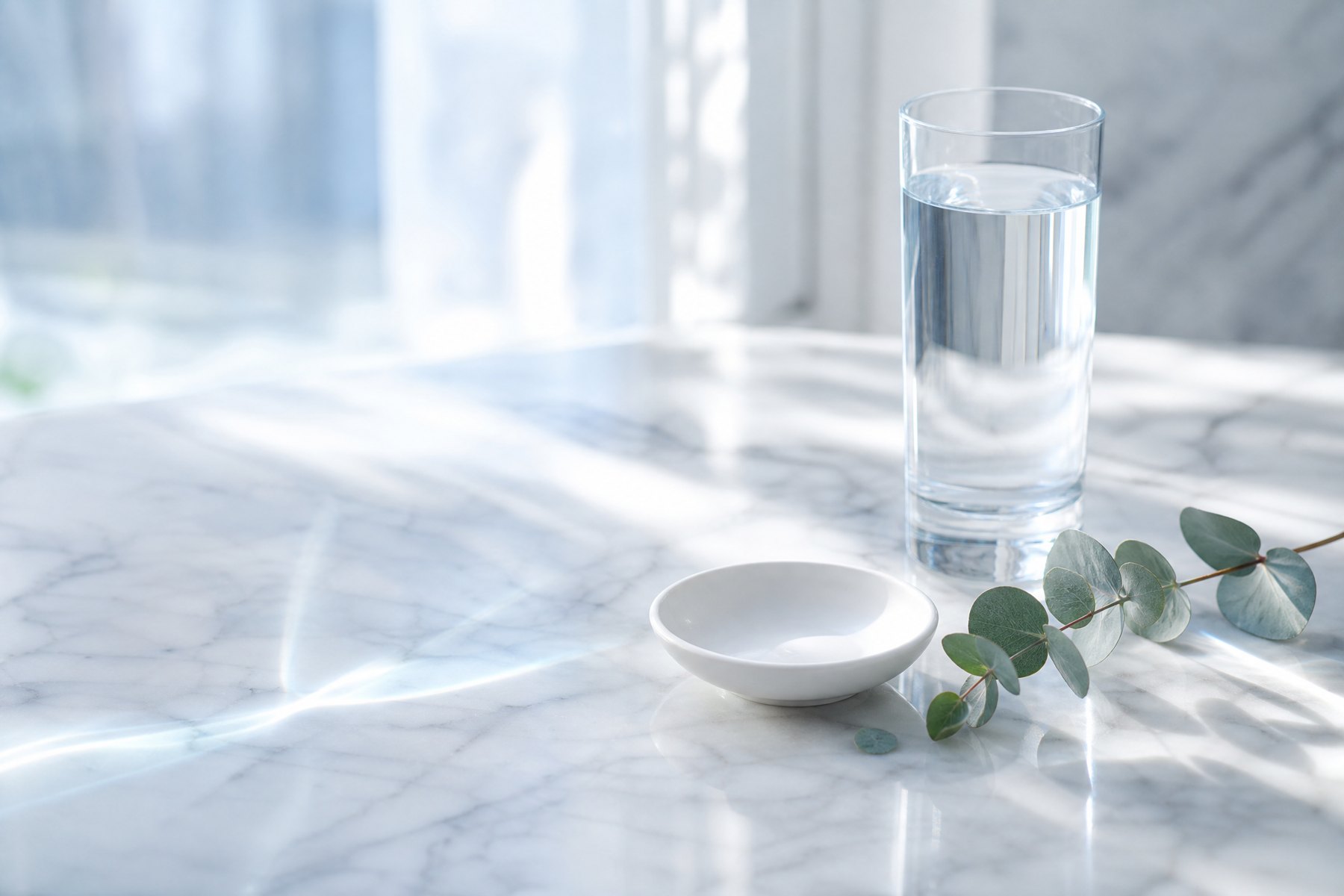 Glass of water and a small ceramic dish on a pale marble bathroom counter.